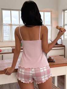 SHEIN Set Piyama Camisole dan Celana Pendek Motif Kotak-kotak Hati untuk Wanita - Berwarna merah muda - View 2