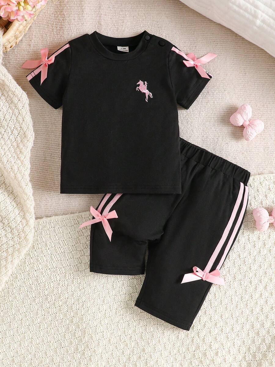 SHEIN 新生女嬰粉黑時尚套裝 短袖上衣配3D蝴蝶結 可愛套裝 適合0-9個月寶寶 - 黑色 - 查看 1