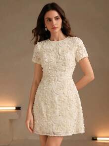 Anewsta Casual Elegant Pearl Floral Apricot Dress - Apricot - View 5
