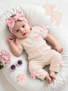 SHEIN Newborn Baby Girl Pink Black Fashion Set Short Sleeve Top With 3D Bow Cute Outfit For 0-9 M Babies - Beige - View 2