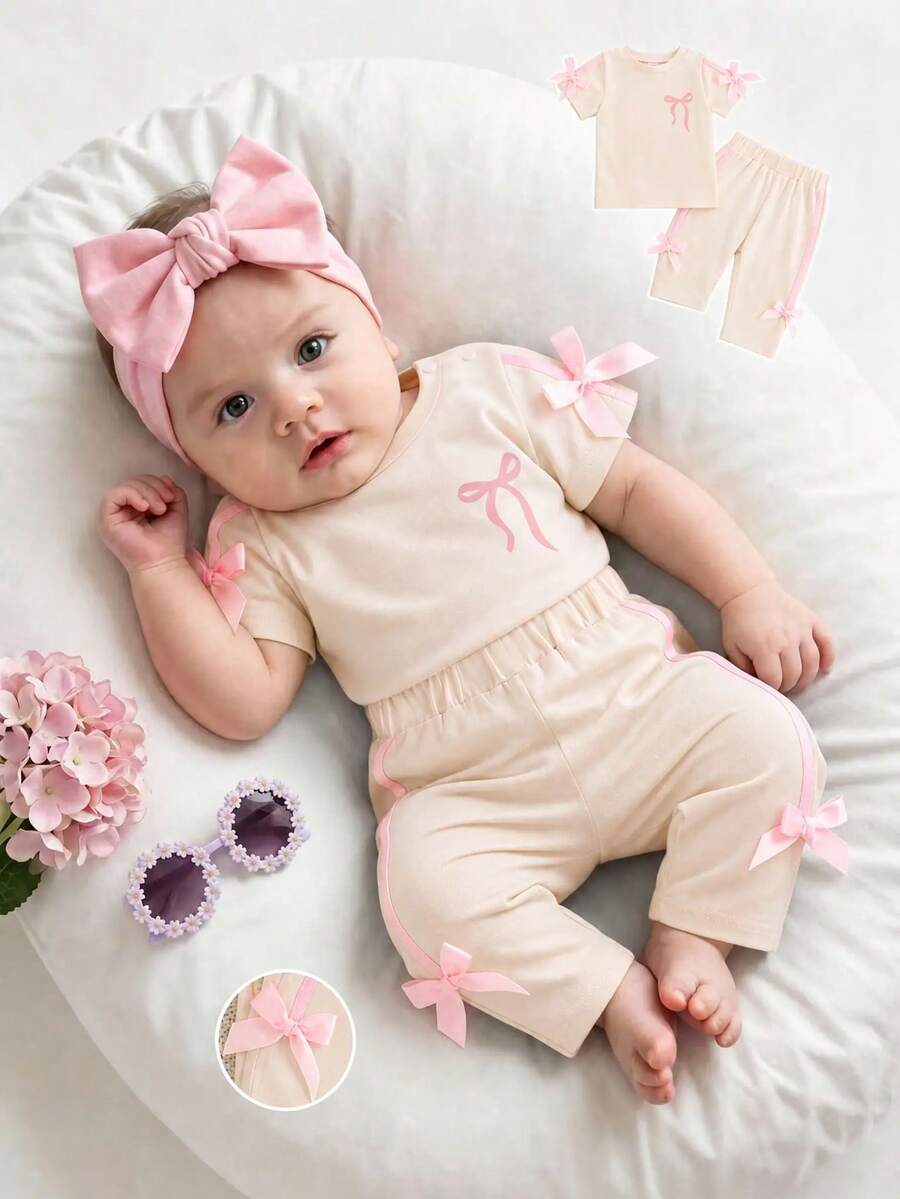 SHEIN Newborn Baby Girl Pink Black Fashion Set Short Sleeve Top With 3D Bow Cute Outfit For 0-9 M Babies