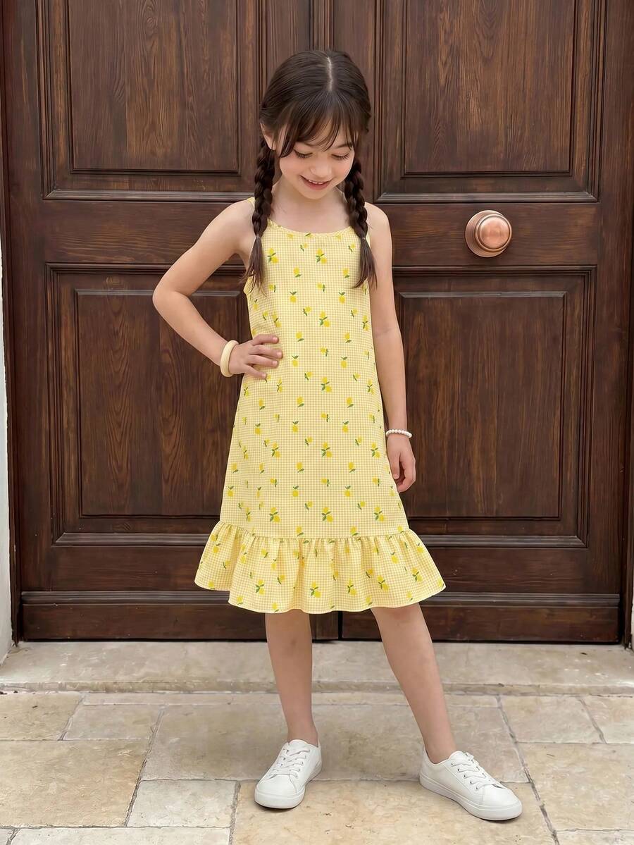 SHEIN Casuvi Kids 少女彩虹条纹印花无袖荷叶边下摆休闲度假连衣裙