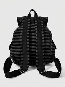 ROMWE Anime Punk Academy Style Striped Large-Capacity Backpack, Badge Decoration, Stylish Casual Backpack Suitable For School, Commute, Travel - badge stripe - View 2