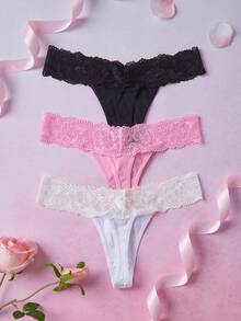 Elorette Set de 3 tangas de moda con parches de encaje de unicolor sin costuras - Multicolor - Ver 10