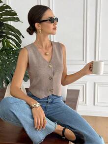 Serisse Casual Versatile Solid Color Knit Vest - Khaki - View 4