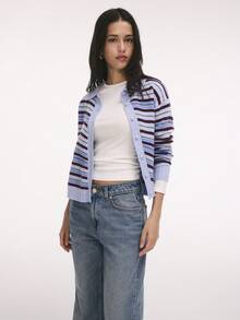Nöista Multistripe Knit Cardigan In Blue, Burgundy And Olive With Collar And Asymmetric Buttons. Office, Everyday, College. Fall, Fall Winter Travels. - Blue - View 6