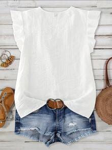 Reflora Plus Size Women's Textured Patchwork Ruffle Lace Loose Short Sleeve Blouse, Spring/Summer Vacation White Boho - White - View 2