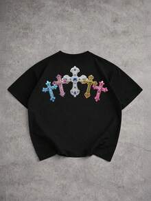 Manfinity EMRG Kaos Pria Lengan Pendek Kerah Bulat dengan Motif Perhiasan Imitasi - Hitam - View 3