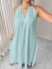 Elenzga Vestido holgado de cuello halter con abertura en forma de cerradura de unicolor para mujer de talla grande - Azul menta - Ver 5