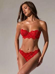 SHEIN BAE 情人节女士蕾丝内衣两件套 - 紅色 - 查看 4