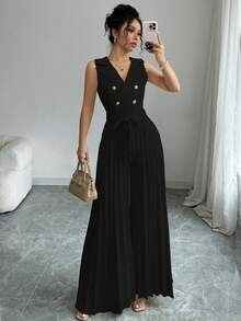 Selianne Women's Elegant Apricot Double-Breasted Pleated Jumpsuit, Suitable For Spring And Autumn - Black - View 5