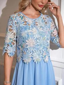 SHEIN Clasi 優雅鏤空花卉蕾絲拼接洋裝 - 藍色 - 查看 8