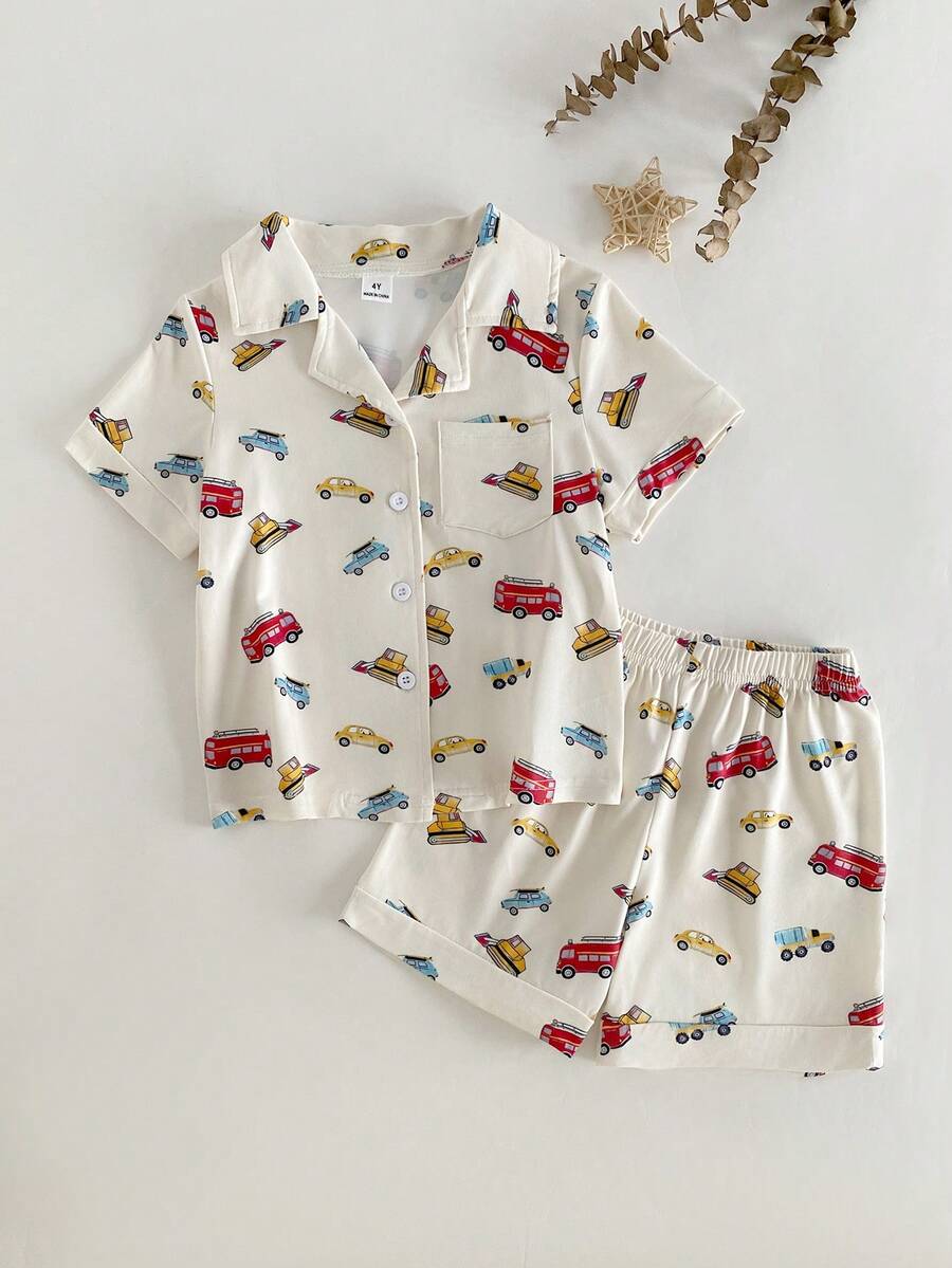 SHEIN Young BoyCute Car All-Over Print Button-Front Short Sleeve Shirt & Shorts Set, Flame-Retardant Brushed Fabric, Elegant Comfortable Loungewear - Apricot - View 1