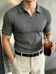 Calvornis Kemeja Polo Minimalis Lengan Pendek Kasual Bisnis Pria, Cocok untuk Kantor dan Perjalanan, Formal - Grey - View 4