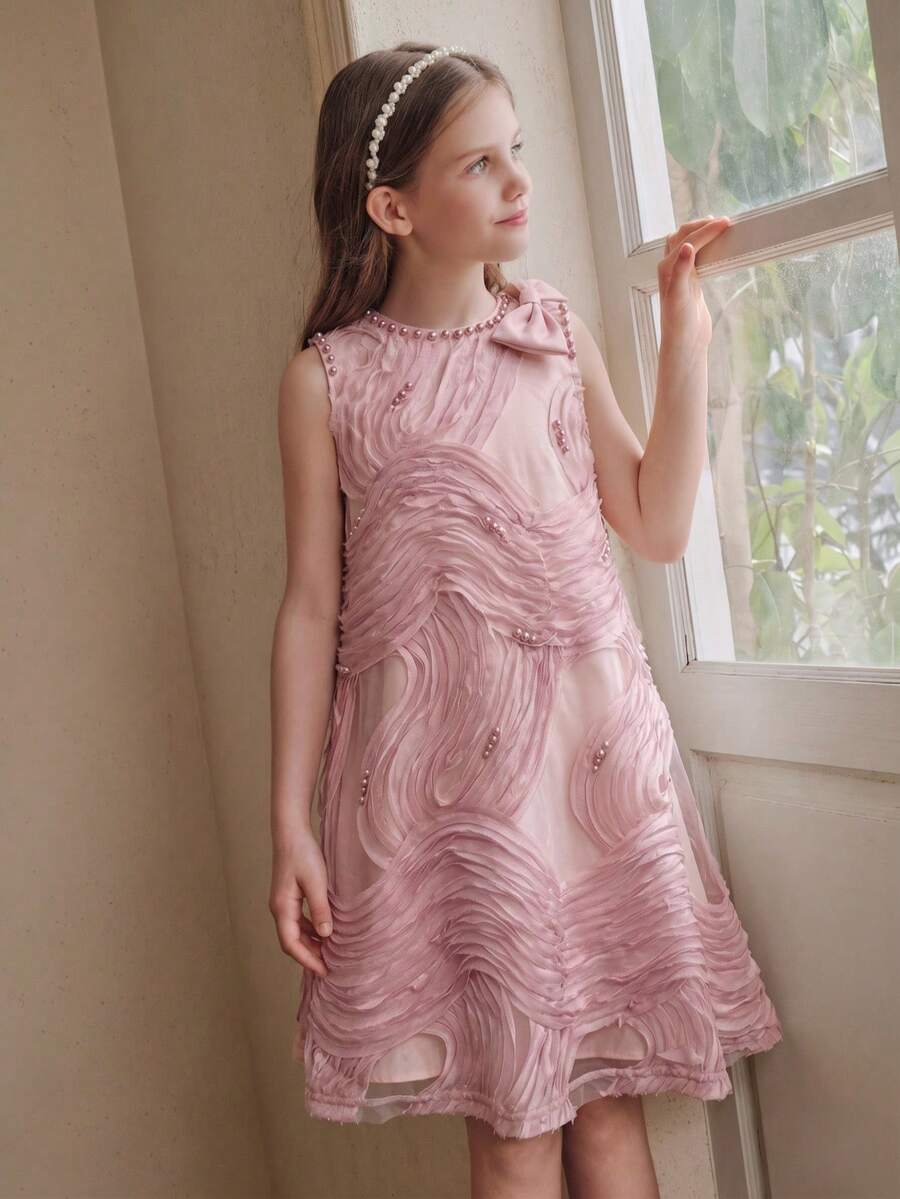 Anewsta Vestido de princesa corto para niña, primavera/verano, nuevo, para fiesta de cumpleaños y banquete del primer año, elegante y lindo, de tela bordada, cuello redondo, decoración de perlas, hombros con lazo desmontable, sin mangas - Rosa Pálido - Ver 1