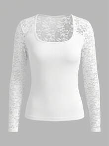 EMERY ROSE Camiseta de moda para mujer con cuello cuadrado, encaje en contraste, manga larga y ajuste ceñido - Blanco - Ver 4