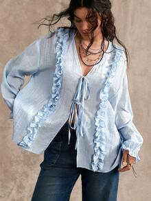 Nubod Elegant Plus Size Women's Loose Ruffle Trim Tie Front Solid Color Blouse Fall - Baby Blue - View 4