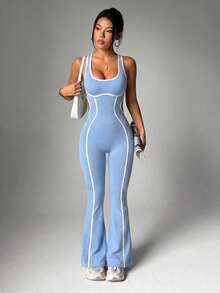 SHEIN Sovereign Charm Women's Sleeveless Cutout Waist Design Trimmed Sports Jumpsuit - Blue - View 4