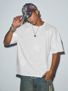 Mens White Letter Graphic Oversized T-Shirt Drop Shoulder Vintage Casual Streetwear Summer Tee - White - View 5