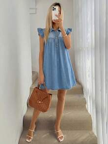 SHEIN LUNE 女款休閒丹寧洋裝，翻領設計、鈕扣裝飾與短版荷葉袖 - 黑色 - 查看 7