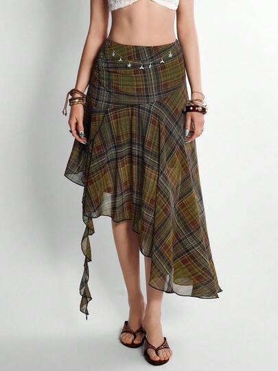 Rina Fox Women's Elegant Boho Asymmetric Hem Plaid A-Line Skirt, Business Casual Street Style Fashion Piece, Suitable For Beach Vacation, Office, Daily, Travel