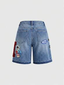 ROMWE Street Life Women's Denim Shorts Mid-Length Streetwear Versatile Cross Letter Emoticon Graphic - Blue - View 2