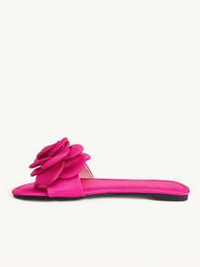 CUCCOO CHICEST Women's Shoes Round Toe Spring And Summer New Rose Red Satin Flower Decoration Elegant Wear Dating Shoes Flat Sandals - Hot Pink - View 5