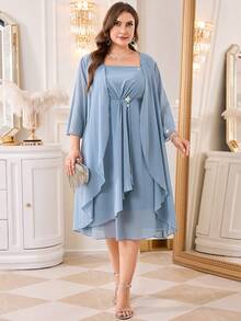 Reflora Plus Size Elegant Party Evening Wedding Guest Rhinestone Decor Solid Color Jacket Dress Dusty Blue Autumn - Blue - View 4
