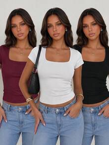 Lot de 3 T-shirts basiques pour femmes à col carré, côtelés, manches courtes, coupe ajustée - Rouge foncé - Voir 2