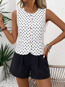 SHEIN XT26211 青少年 2件組夏季老錢風背心 & 休閒短褲套裝，舒適度假穿搭，適合日常通勤與假日穿著 - 黑與白 - 查看 3