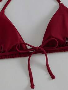 Swim Vcay Top de bikini halter de unicolor minimalista 2025, con tirante desmontable con nudo de lazo, para el verano - Burdeos - Ver 4