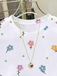 青少年女孩休閒時尚花卉與愛心印花短袖圓領T恤 夏季印花上衣 修身版型T恤 適合外出、派對、購物、日常休閒穿著 - 彩色 - 查看 3