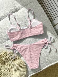 Swim Mod Conjunto de 2 piezas de top de baño a rayas y Bottom de bikini en forma de V para niñas - Rosa - Ver 2