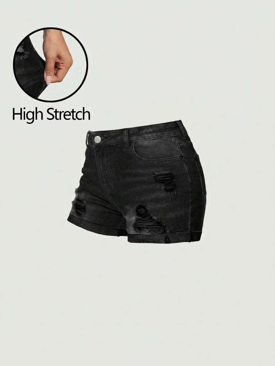 Girlism Teen GirlBlue Denim Ripped Elastic Skinny Shorts - Black - View 1