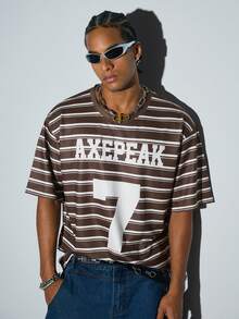 Men's Loose Fit #7 Striped T-Shirt, Retro American Street Style Casual Short Sleeve Top - Brown - View 1