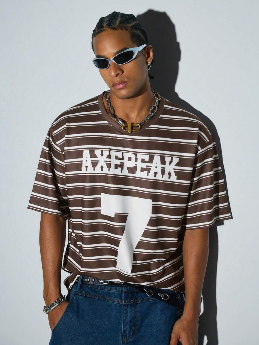 Men's Loose Fit #7 Striped T-Shirt, Retro American Street Style Casual Short Sleeve Top - Brown - View 1