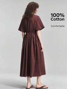 Ontre 2026 New All Season Minimalist All-Match Casual Vacation Brunch Outfit Round Neck Long Patchwork Drawstring Dress Slimming Dark Brown Summer - Brown - View 3