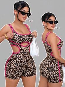SHEIN SXY Women's Sexy Leopard Print Hollow Out Color Block Tight Romper Unitard Beach Club Pink Leopard Print Summer - Pink - View 3