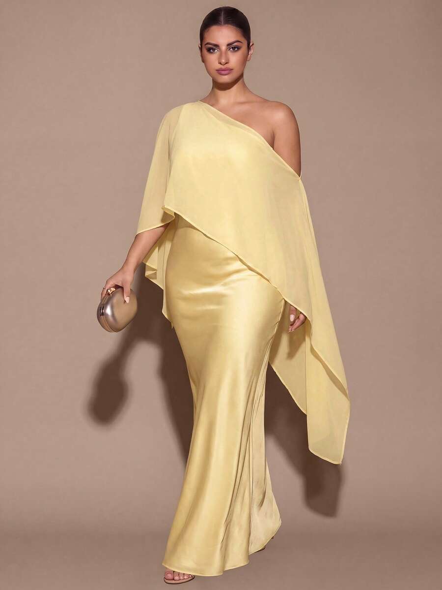 SHEIN BAE CURVE 大尺碼女款優雅長版不對稱領口洋裝 - 黃色 - 查看 1