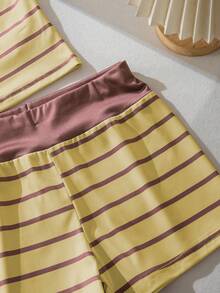 SHEIN Teen Girls' Yellow & Brown Striped Knit Set, Summer Cami Top & Shorts, Casual Sports 2 Pieces - Yellow - View 3