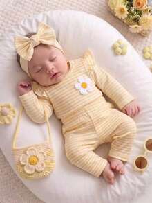 SHEIN Newborn Girl's Yellow And White Floral Embroidered Knit Long-Sleeve Top And Pants Two Pieces Set - Yellow - View 2