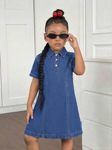 Vestido camisa de mezclilla oversize en azul marino para niña - Azul lavado medio - Ver 5