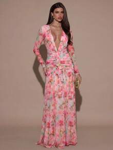 SHEIN BAE 女款深V領紮染印花長袖抓皺腰性感洋裝 - 淡黃色 - 查看 1