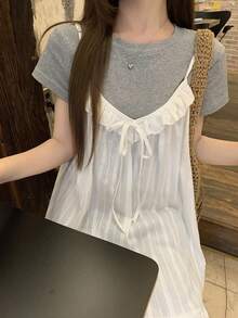 Dazy Tall Women's Summer Deep V-Neck Loose Striped Textured Fabric Frill Trim Long Cami Camisole Style Casual Vacation Style Tank Top - White - View 3