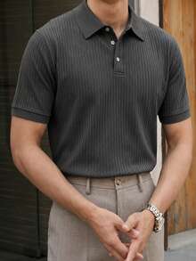 Manfinity Mode Camisa polo de manga corta de punto acanalado para hombre, estilo Old Money, formal, ceremonia - Gris - Ver 4