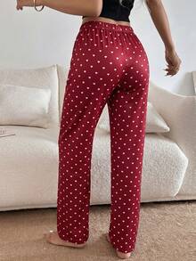 Napfluff Women's Casual Heart Print Waistband Patch Elastic Waist Straight Leg Long Pajama Pants - Burgundy - View 2