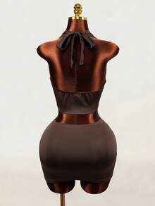 Mistrie Summer Sexy Animal Print Patchwork Backless Halter Top And Skirt Set - Brown - View 2