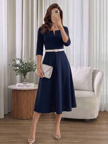 Medorina Women's Elegant Commuter Office Solid Color Waist-Defining Dress, Going Out, Work Outfit, Navy Blue Fall Teachers' Day Teachers' Day - Navy Blue - View 8