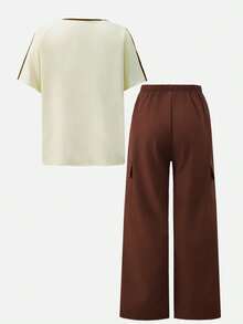 SHEIN Casuvi Kids 青少年女孩舒適寬鬆戶外運動落肩T恤與工裝褲2件套 - 咖啡棕 - 查看 2