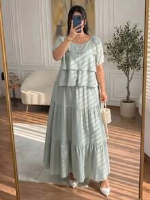 Modelyn Plus Size 2 Pieces Set: Chiffon Top And Woven Skirt, Suitable For Everyday Wear And Gatherings In Spring/Summer - Green - View 5